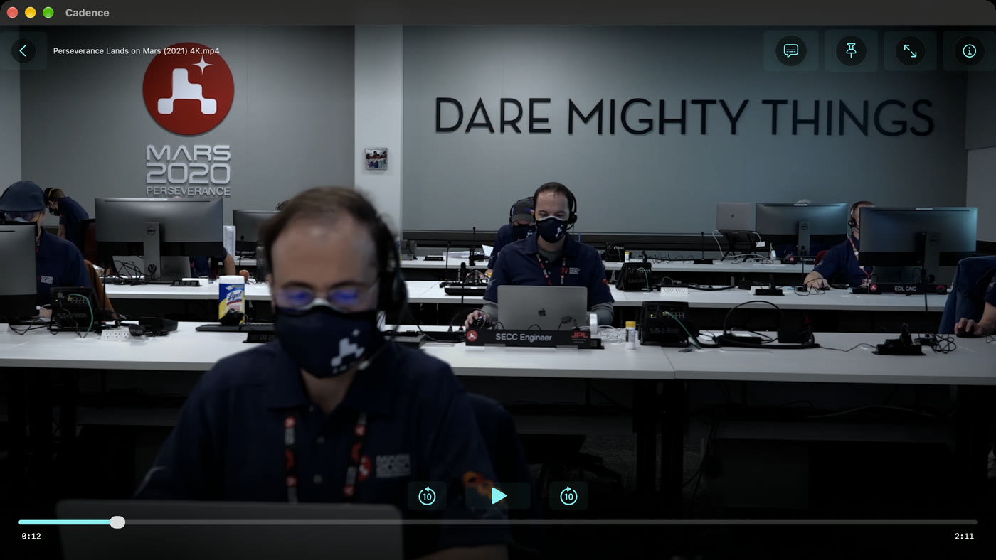 Cadence on a Mac: Mission Control at JPL, in the player window with its controls up